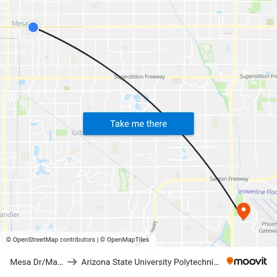Mesa Dr/Main St to Arizona State University Polytechnic campus map