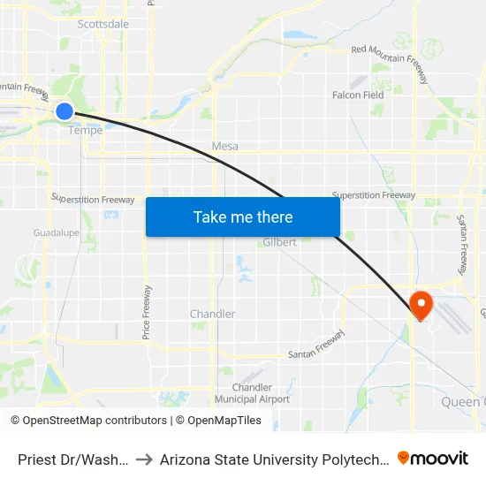 Priest Dr/Washington to Arizona State University Polytechnic campus map