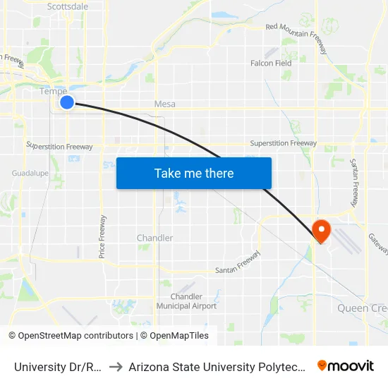 University Dr/Rural Rd to Arizona State University Polytechnic campus map