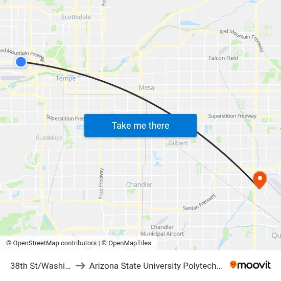 38th St/Washington to Arizona State University Polytechnic campus map