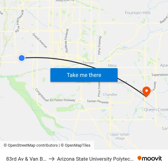 83rd Av & Van Buren St to Arizona State University Polytechnic campus map