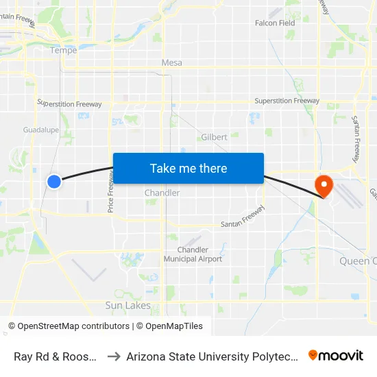 Ray Rd & Roosevelt Av to Arizona State University Polytechnic campus map