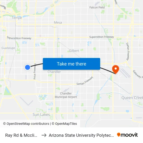 Ray Rd & Mcclintock Dr to Arizona State University Polytechnic campus map