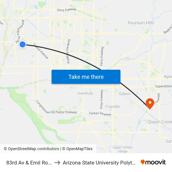 83rd Av & Emil Rovey Pkwy to Arizona State University Polytechnic campus map