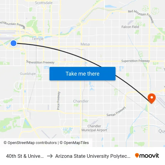 40th St & University Dr to Arizona State University Polytechnic campus map