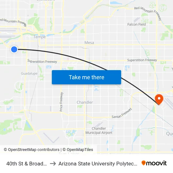 40th St & Broadway Rd to Arizona State University Polytechnic campus map