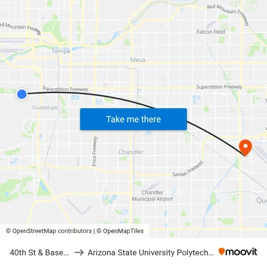 40th St & Baseline Rd to Arizona State University Polytechnic campus map