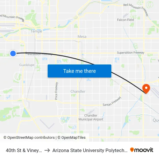 40th St & Vineyard Rd to Arizona State University Polytechnic campus map