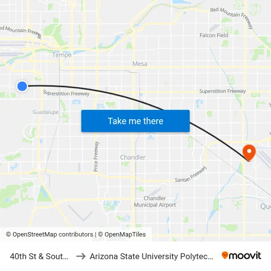 40th St & Southern Av to Arizona State University Polytechnic campus map