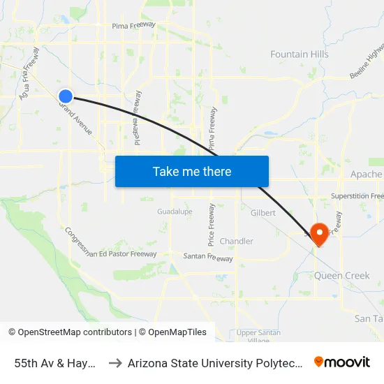 55th Av & Hayward Av to Arizona State University Polytechnic campus map