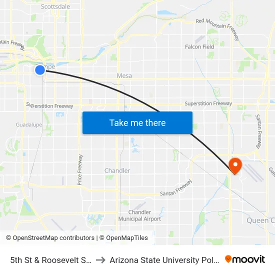 5th St & Roosevelt St (Flag Zone) to Arizona State University Polytechnic campus map