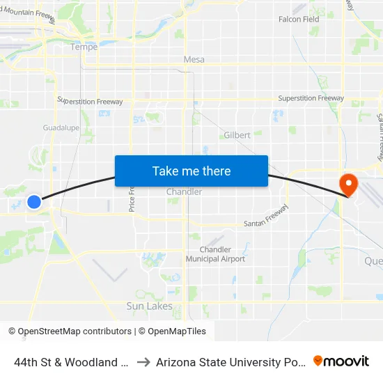 44th St & Woodland Dr (Flag Zone) to Arizona State University Polytechnic campus map