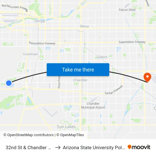 32nd St & Chandler Bl (Flag Zone) to Arizona State University Polytechnic campus map