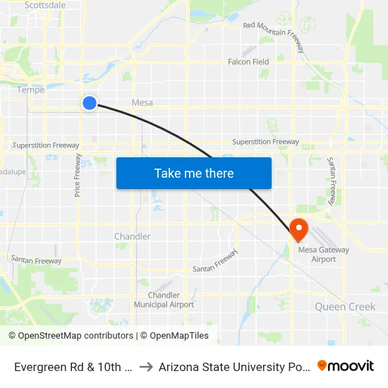 Evergreen Rd & 10th St (Flag Zone) to Arizona State University Polytechnic campus map