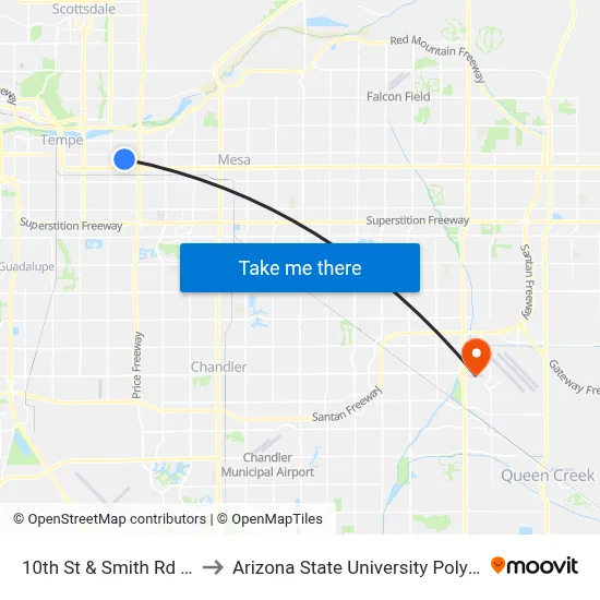 10th St & Smith Rd (Flag Zone) to Arizona State University Polytechnic campus map
