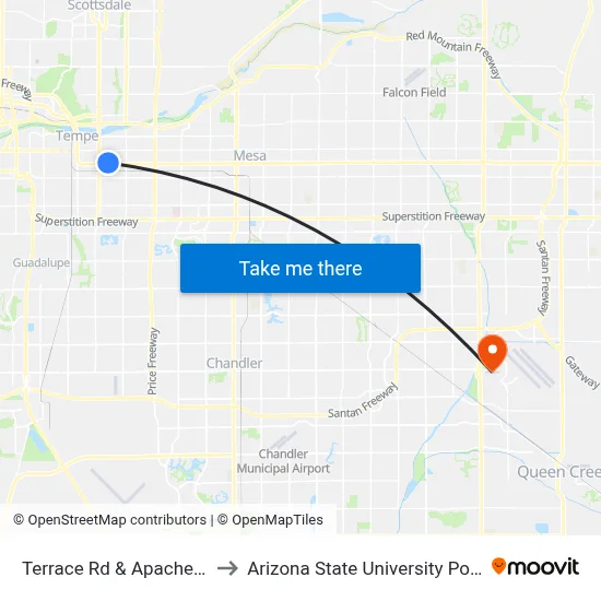 Terrace Rd & Apache Bl (Flag Zone) to Arizona State University Polytechnic campus map