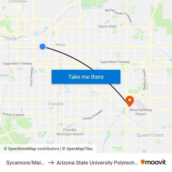 Sycamore/Main St Tc to Arizona State University Polytechnic campus map