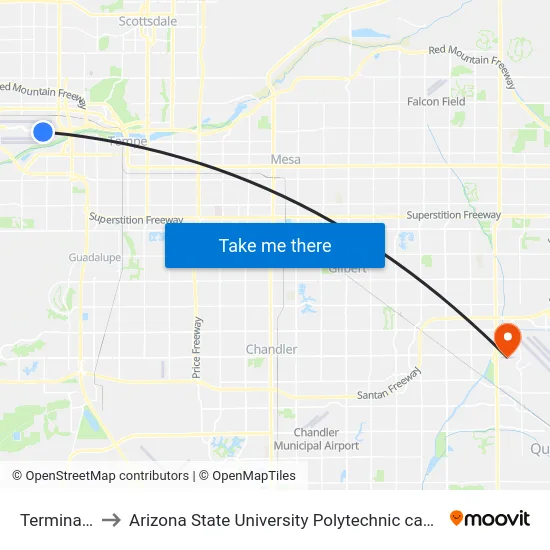 Terminal 4 to Arizona State University Polytechnic campus map