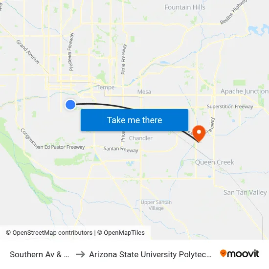 Southern Av & 20th St to Arizona State University Polytechnic campus map