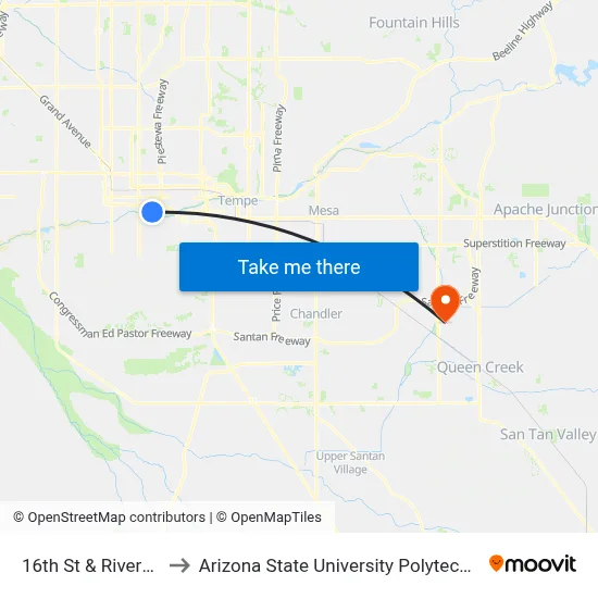 16th St & Riverview Dr to Arizona State University Polytechnic campus map