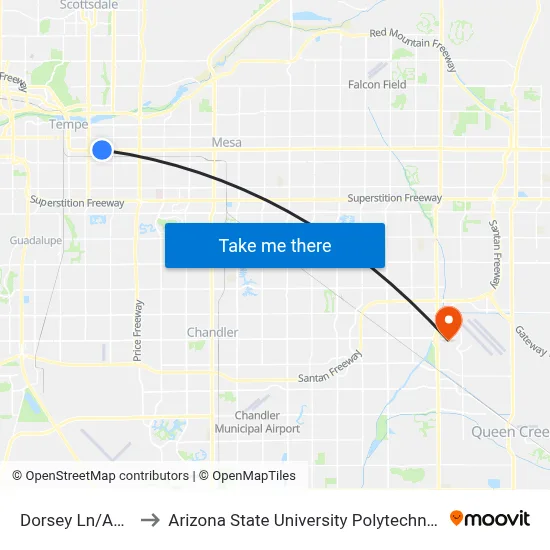 Dorsey Ln/Apache to Arizona State University Polytechnic campus map