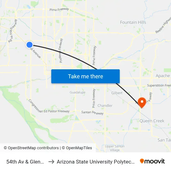 54th Av & Glendale Av to Arizona State University Polytechnic campus map