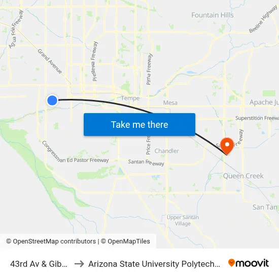 43rd Av & Gibson St to Arizona State University Polytechnic campus map
