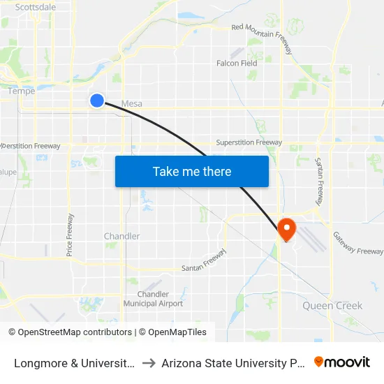 Longmore & University Dr (Flag Zone) to Arizona State University Polytechnic campus map