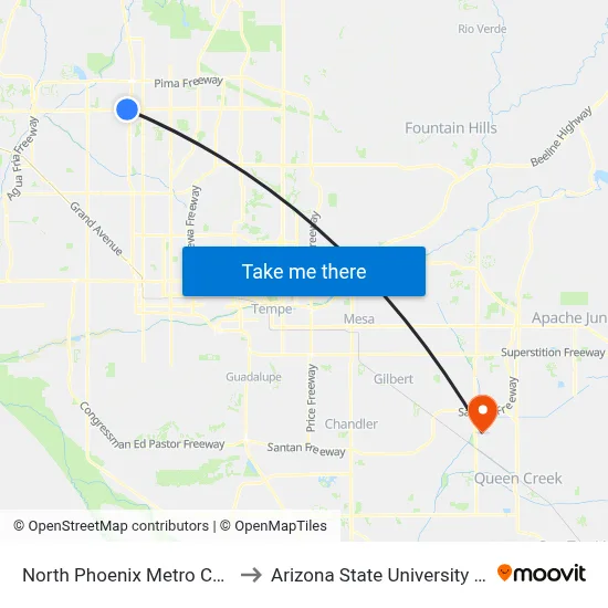 North Phoenix Metro Center Transit Station to Arizona State University Polytechnic campus map