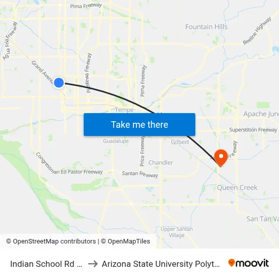 Indian School Rd & 27th Av to Arizona State University Polytechnic campus map