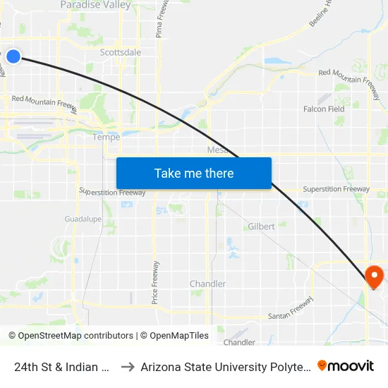 24th St & Indian School Rd to Arizona State University Polytechnic campus map