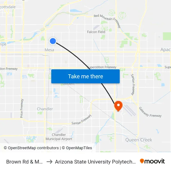 Brown Rd & Mesa Dr to Arizona State University Polytechnic campus map