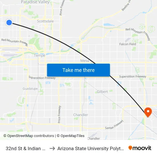 32nd St & Indian School Rd to Arizona State University Polytechnic campus map