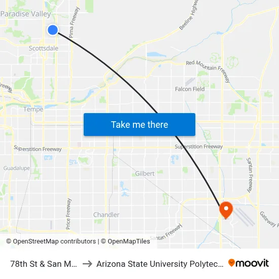 78th St & San Miguel Av to Arizona State University Polytechnic campus map