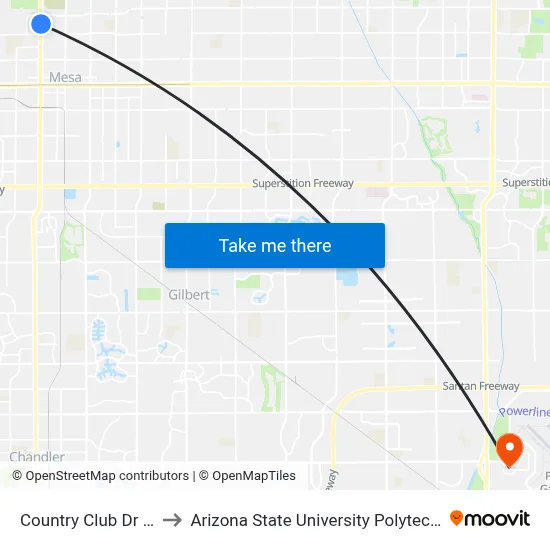 Country Club Dr & 9th Pl to Arizona State University Polytechnic campus map