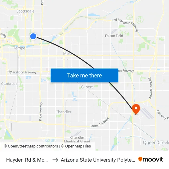 Hayden Rd & Mckellips Rd to Arizona State University Polytechnic campus map