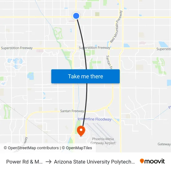 Power Rd & Main St to Arizona State University Polytechnic campus map