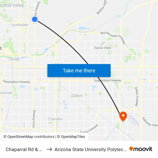 Chaparral Rd & Pima Rd to Arizona State University Polytechnic campus map