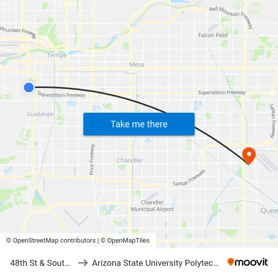 48th St & Southern Av to Arizona State University Polytechnic campus map