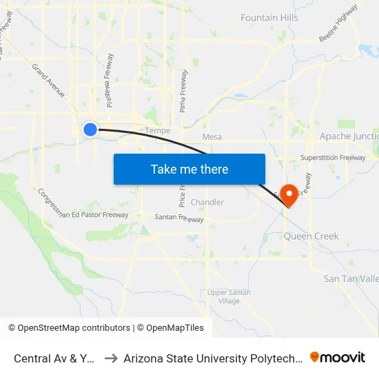 Central Av & Yuma St to Arizona State University Polytechnic campus map