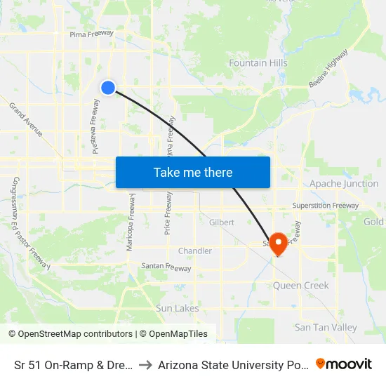 Sr 51 On-Ramp & Dreamy Draw Pnr to Arizona State University Polytechnic campus map