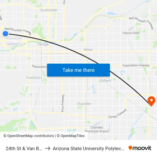 24th St & Van Buren St to Arizona State University Polytechnic campus map