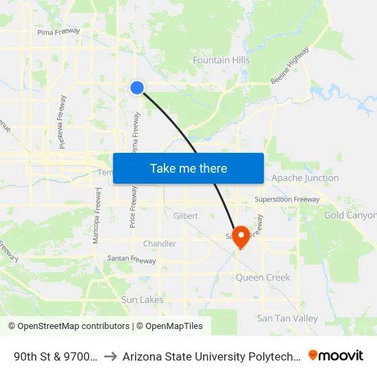 90th St & 9700 North to Arizona State University Polytechnic campus map