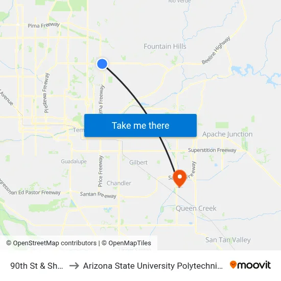 90th St & Shea Bl to Arizona State University Polytechnic campus map