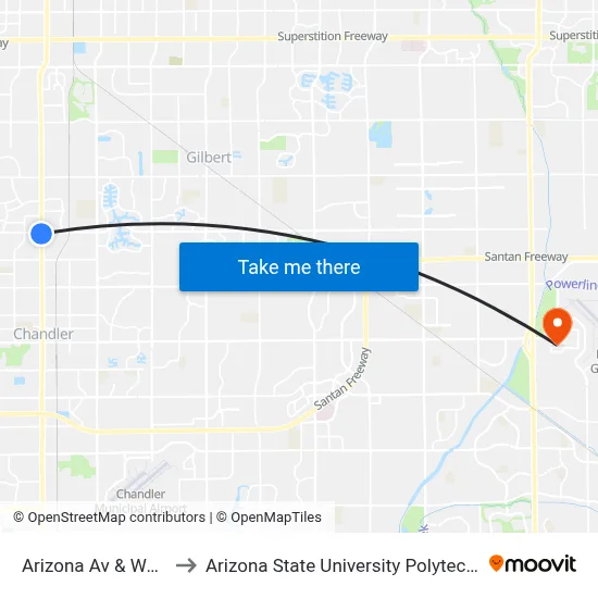 Arizona Av & Warner Rd to Arizona State University Polytechnic campus map