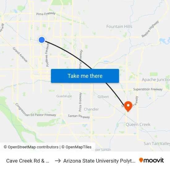 Cave Creek Rd & Hatcher Rd to Arizona State University Polytechnic campus map