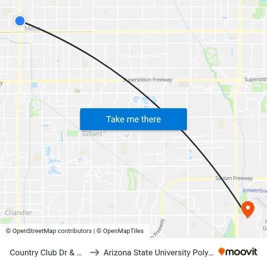 Country Club Dr & University Dr to Arizona State University Polytechnic campus map