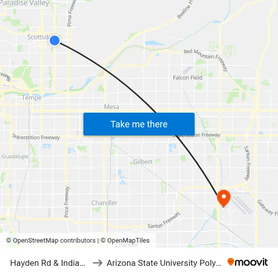 Hayden Rd & Indian School Rd to Arizona State University Polytechnic campus map