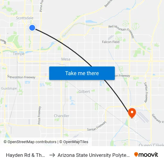 Hayden Rd & Thomas Rd to Arizona State University Polytechnic campus map