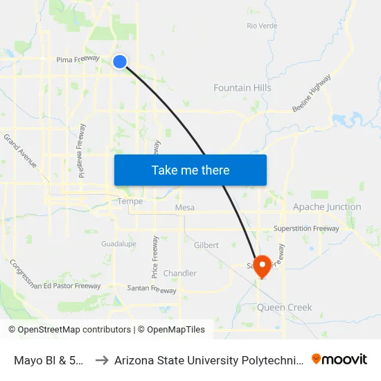 Mayo Bl & 56th St to Arizona State University Polytechnic campus map